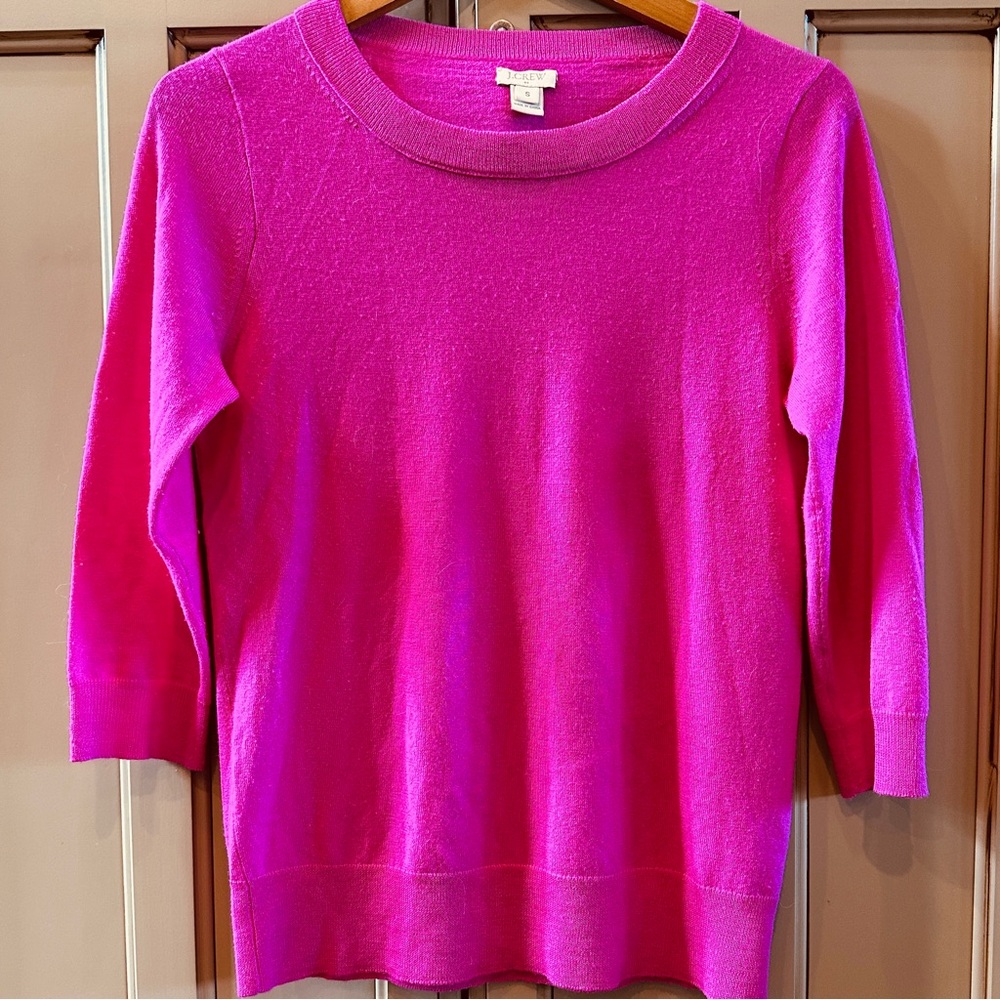 J. Crew Vibrant Pink 100% Merino Wool 3/4 Length Sleeve Crew Neck Sweater